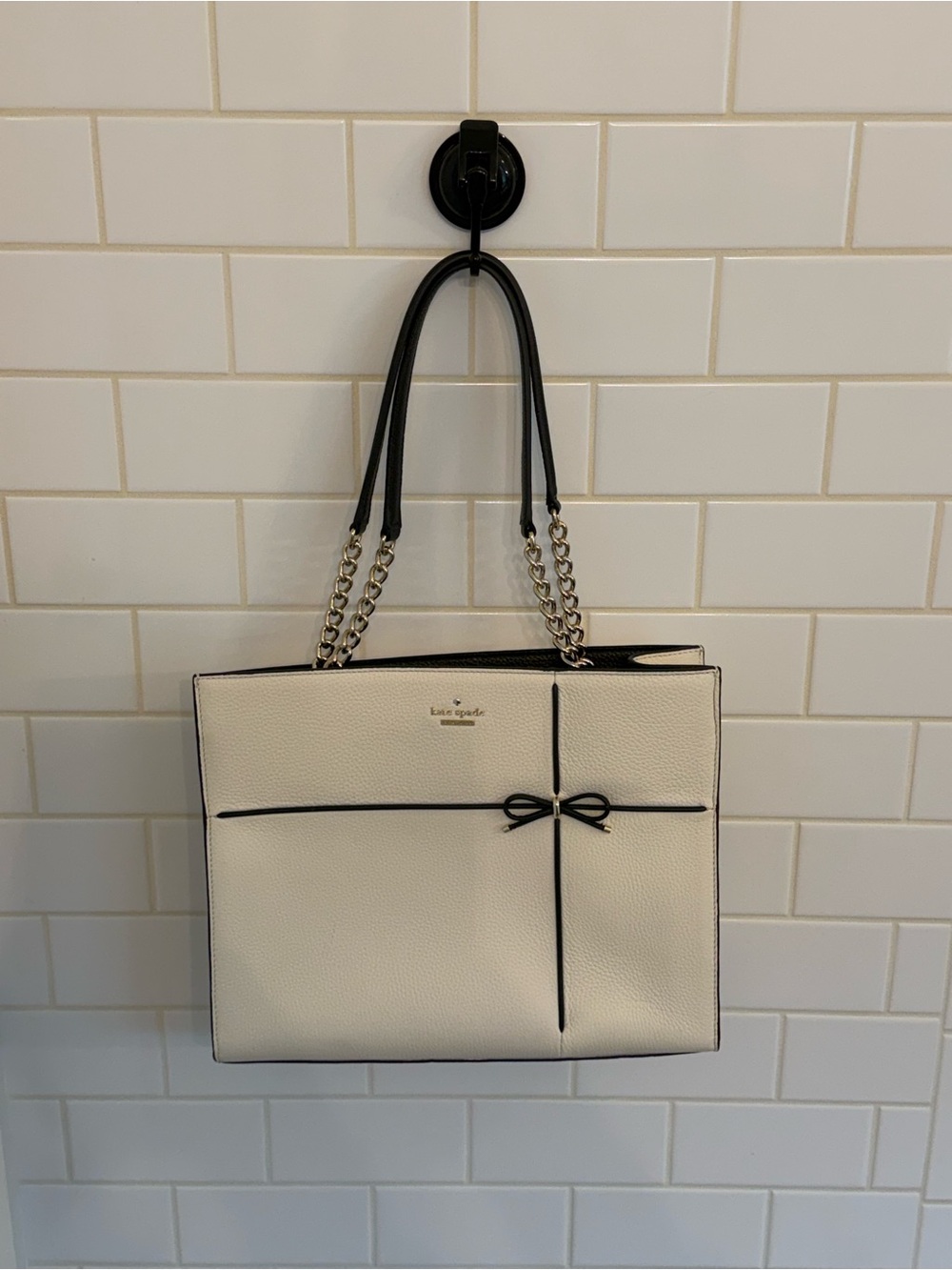 kate spade Cream Tote with Black Trim and Bow Accent